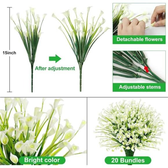 20 Bundles Artificial Flowers for Outdoors Fake Calla Lily Flowers, White - Picture 4 of 7